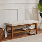 Banc à chaussures d'entrée, banc de rangement en tissu et bois massif, banc rembourré de 43 pouces pour salon et chambres