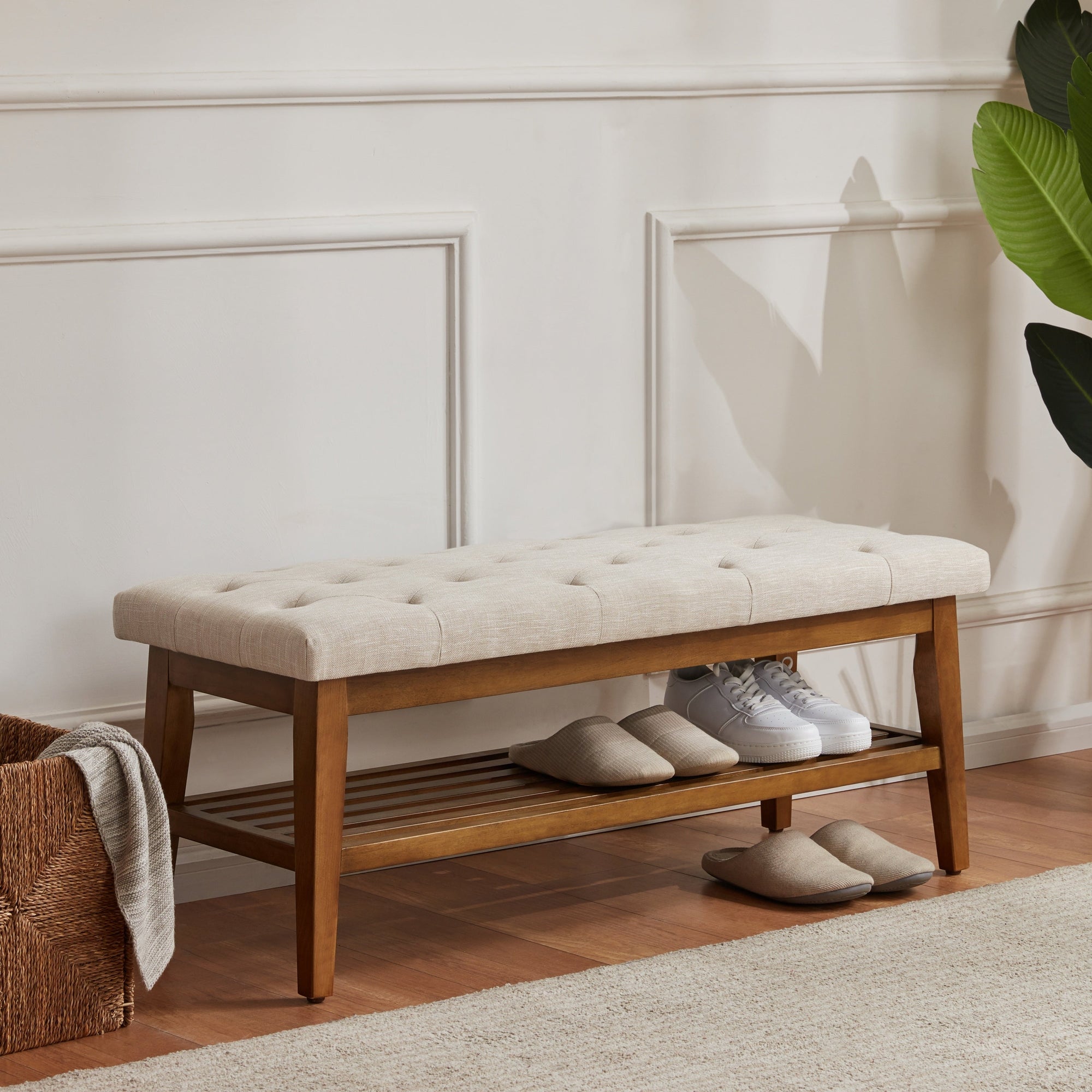 Banc à chaussures d'entrée, banc de rangement en tissu et bois massif, banc rembourré de 43 pouces pour salon et chambres