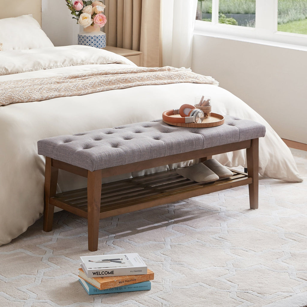 Banc à chaussures d'entrée, banc de rangement en tissu et bois massif, banc rembourré de 43 pouces pour salon et chambres