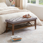 Banc à chaussures d'entrée, banc de rangement en tissu et bois massif, banc rembourré de 43 pouces pour salon et chambres