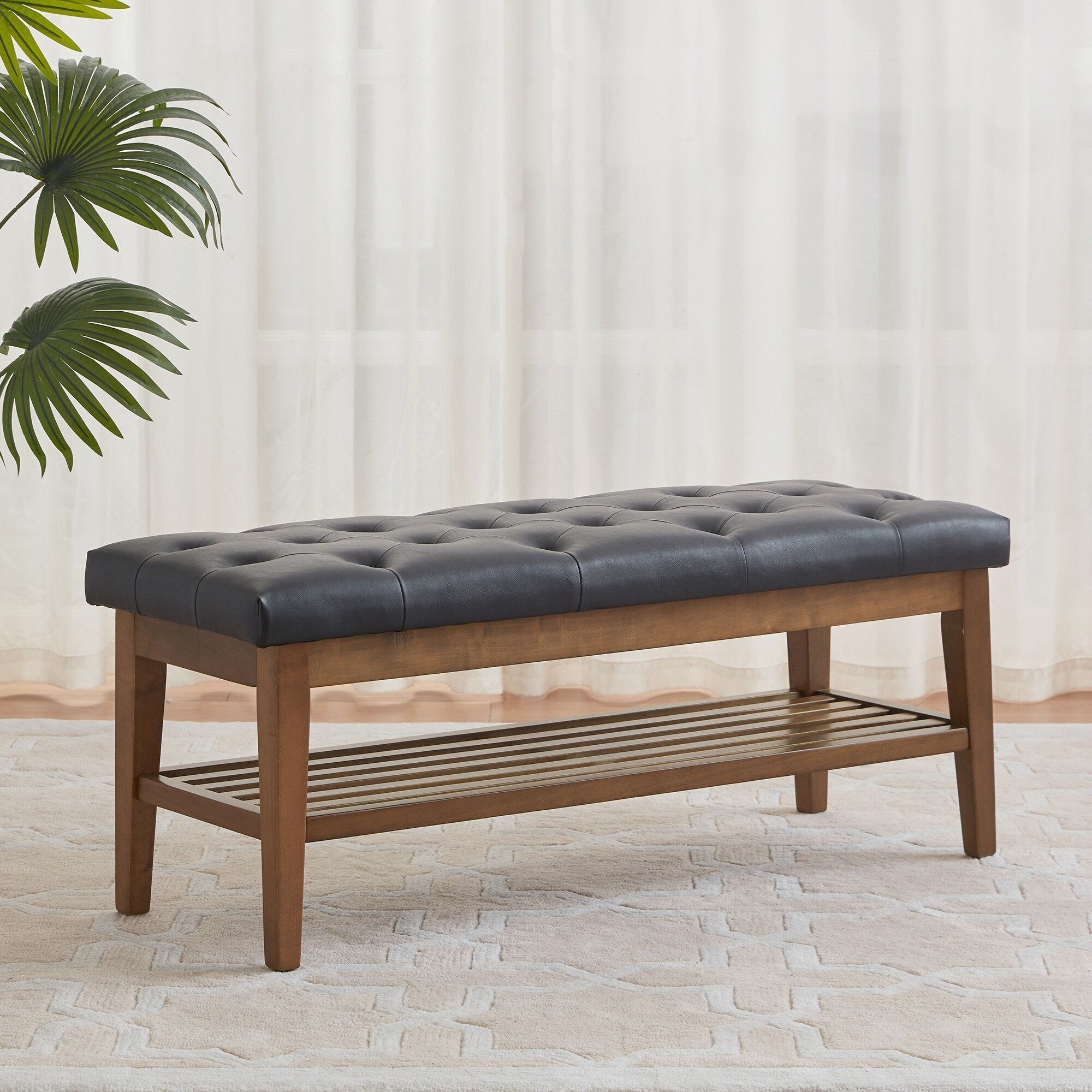 Banc à chaussures d'entrée, banc de rangement en tissu et bois massif, banc rembourré de 43 pouces pour salon et chambres