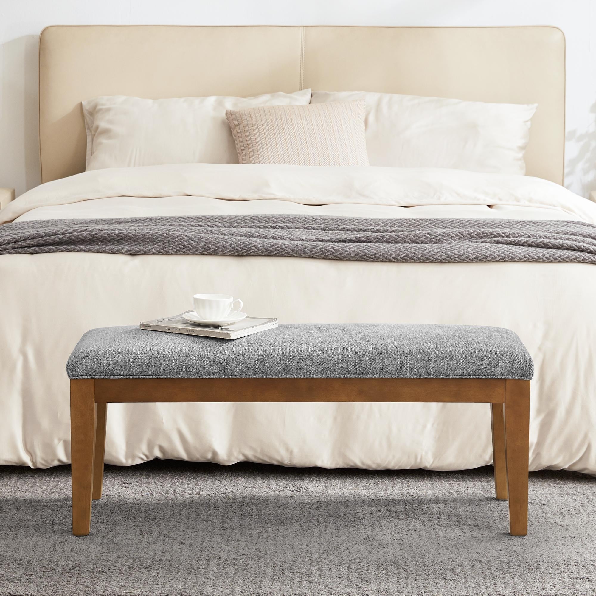 Upholstered Fabric Entryway Bench, Bedroom Bench for End of Bed Beige, Solid Wood 44-inch