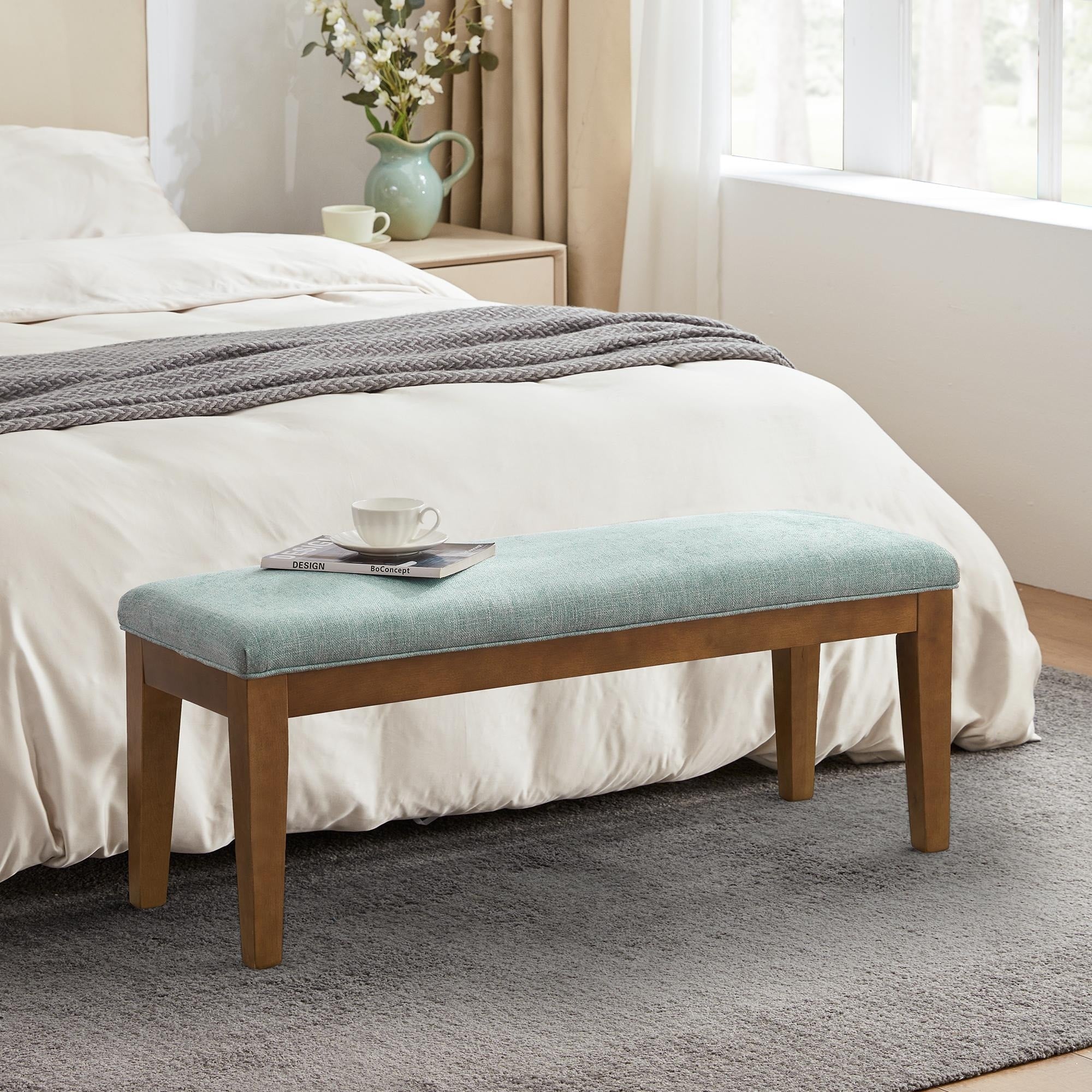 Upholstered Fabric Entryway Bench, Bedroom Bench for End of Bed Beige, Solid Wood 44-inch
