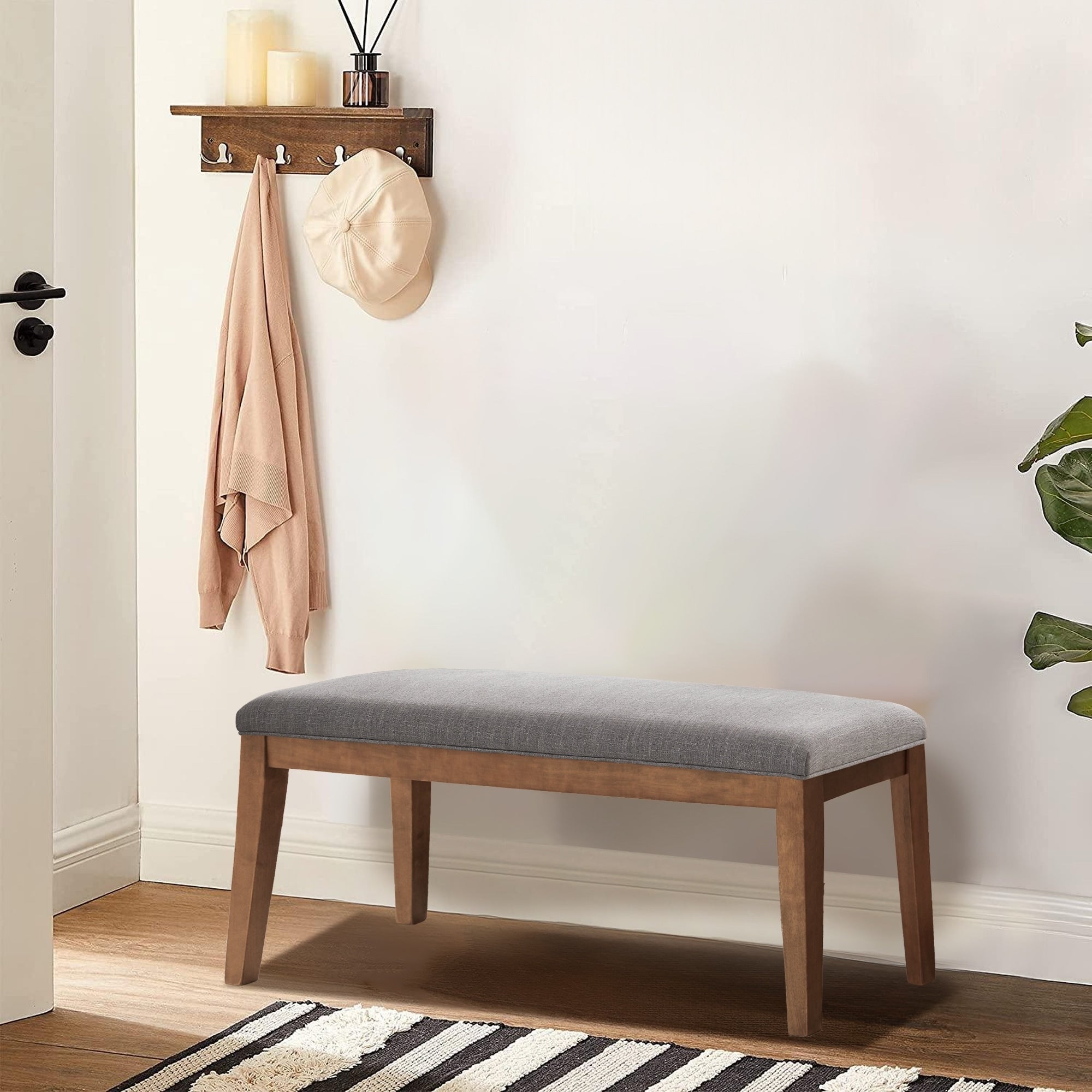 Upholstered Fabric Entryway Bench, Bedroom Bench for End of Bed Beige, Solid Wood 44-inch