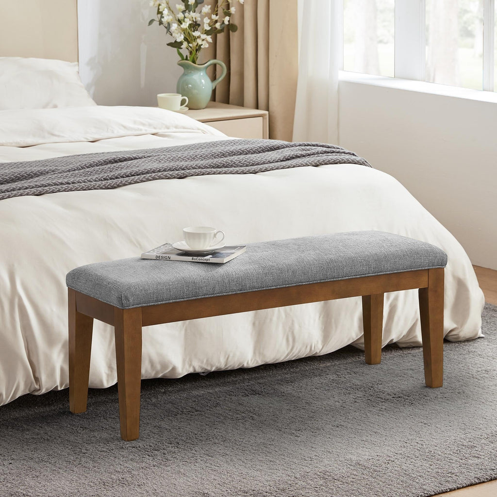 Upholstered Fabric Entryway Bench, Bedroom Bench for End of Bed Beige, Solid Wood 44-inch