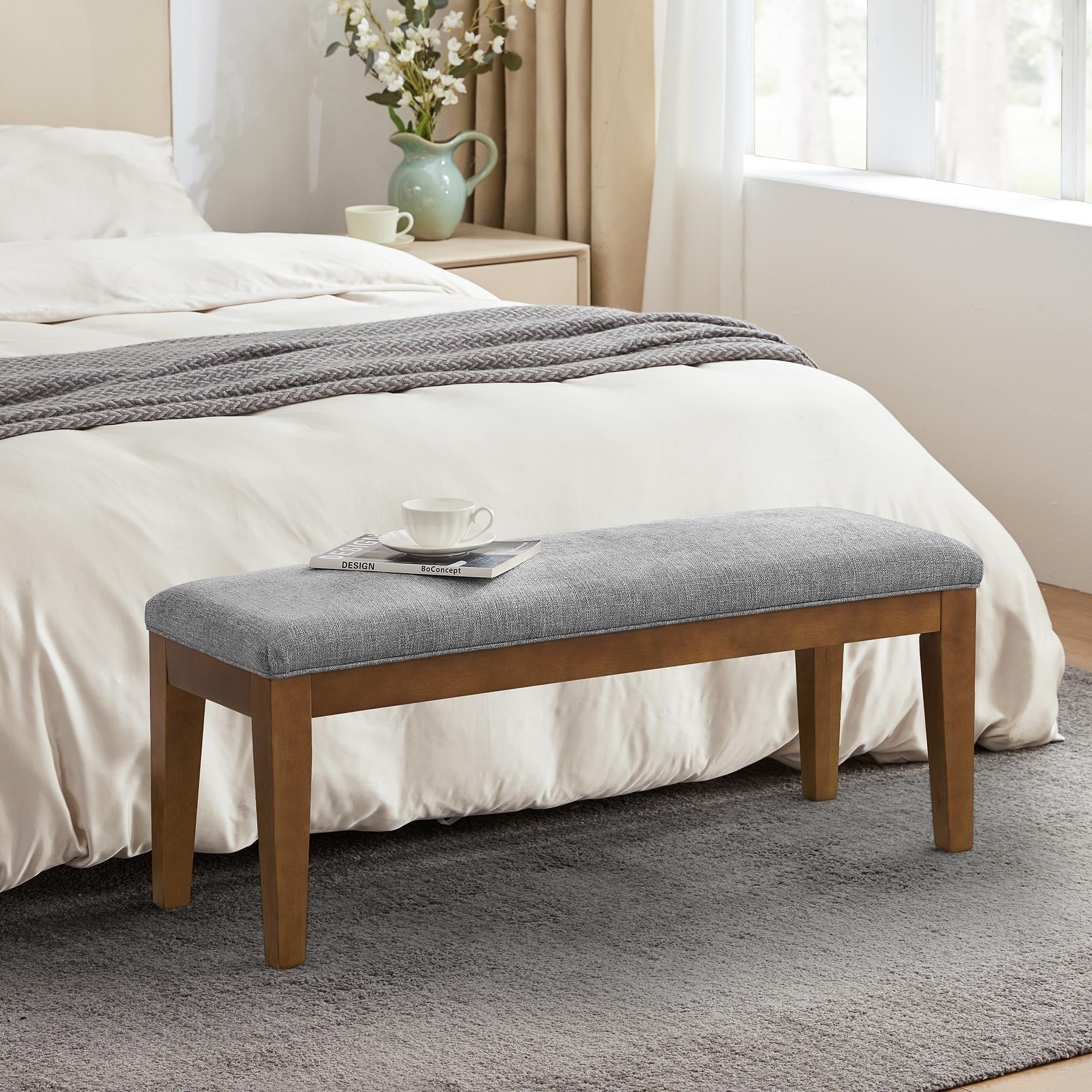 Upholstered Fabric Entryway Bench, Bedroom Bench for End of Bed Beige, Solid Wood 44-inch