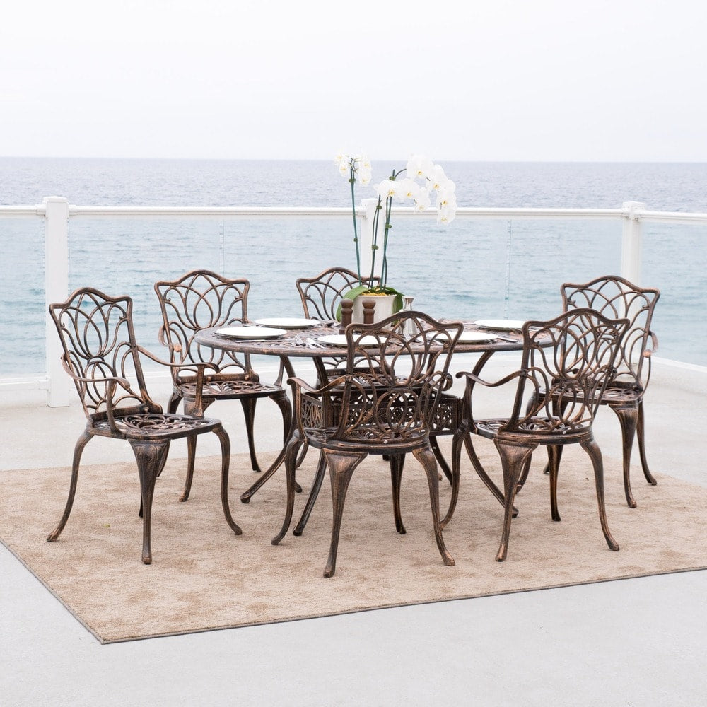 Ensemble de salle à manger d'extérieur haïtien en fonte d'aluminium, 7 pièces, par Christopher Knight Home