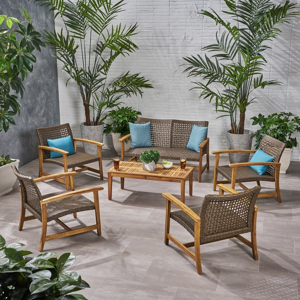 Ensemble de conversation d'extérieur Hampton en bois et osier 6 pièces par Christopher Knight Home