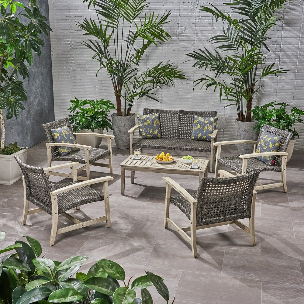 Ensemble de conversation d'extérieur Hampton en bois et osier 6 pièces par Christopher Knight Home