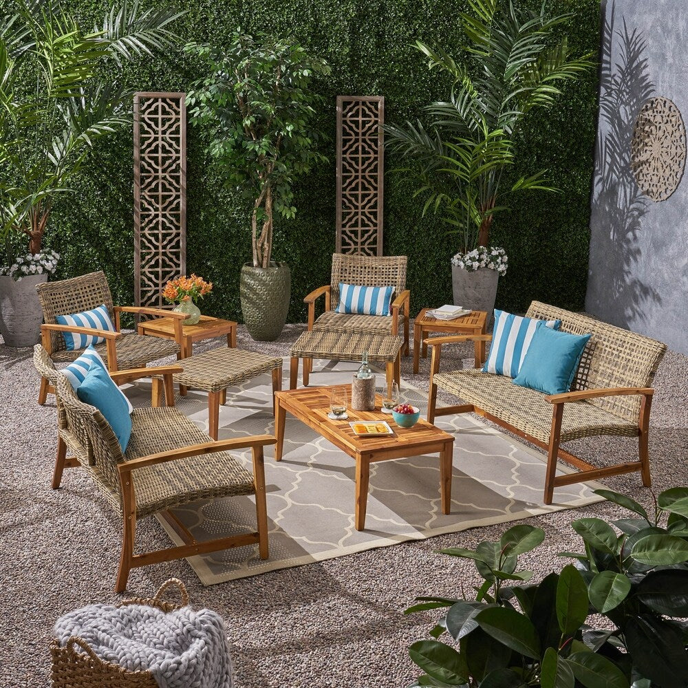 Ensemble de conversation Hampton Outdoor 9 pièces en bois et osier par Christopher Knight Home