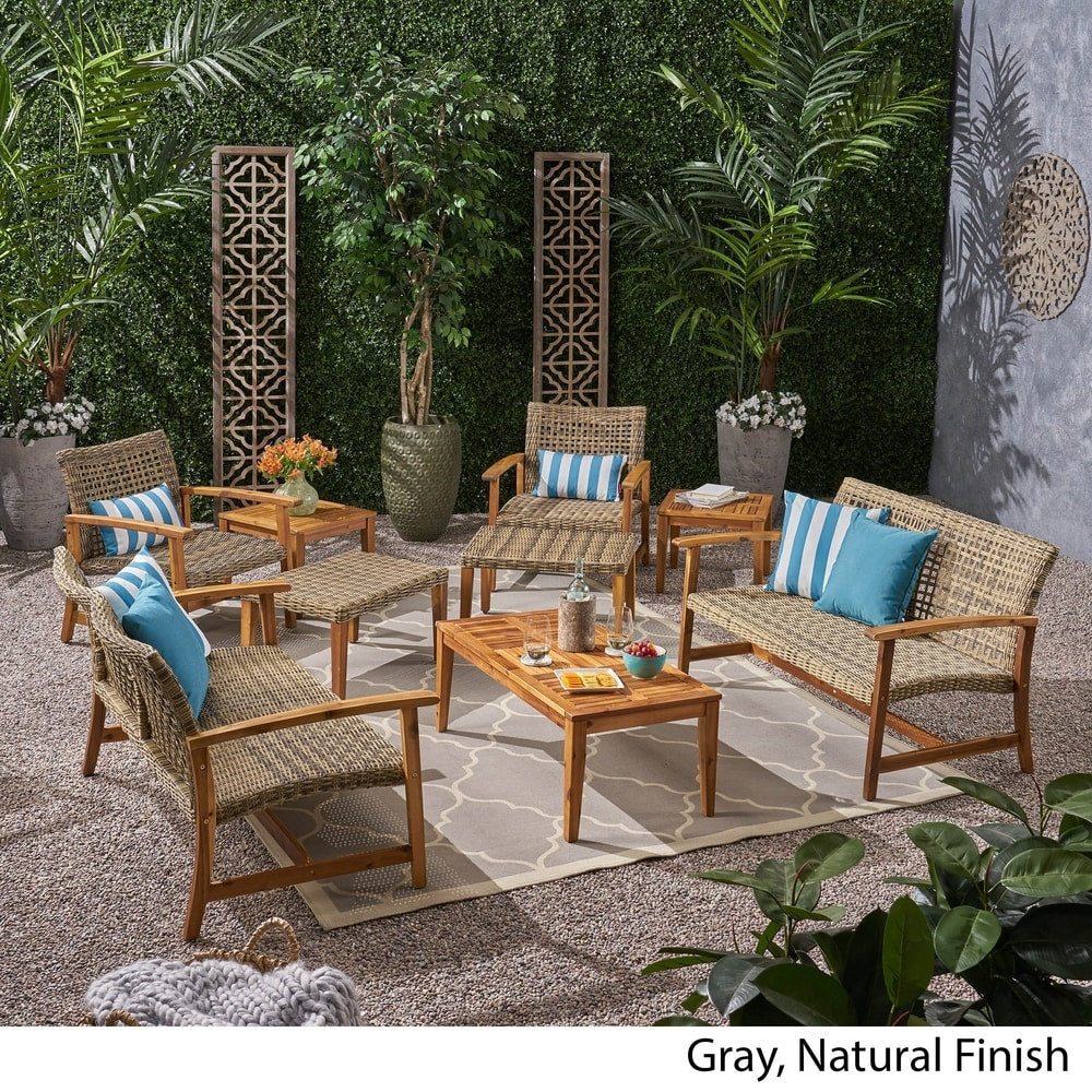 Ensemble de conversation Hampton Outdoor 9 pièces en bois et osier par Christopher Knight Home