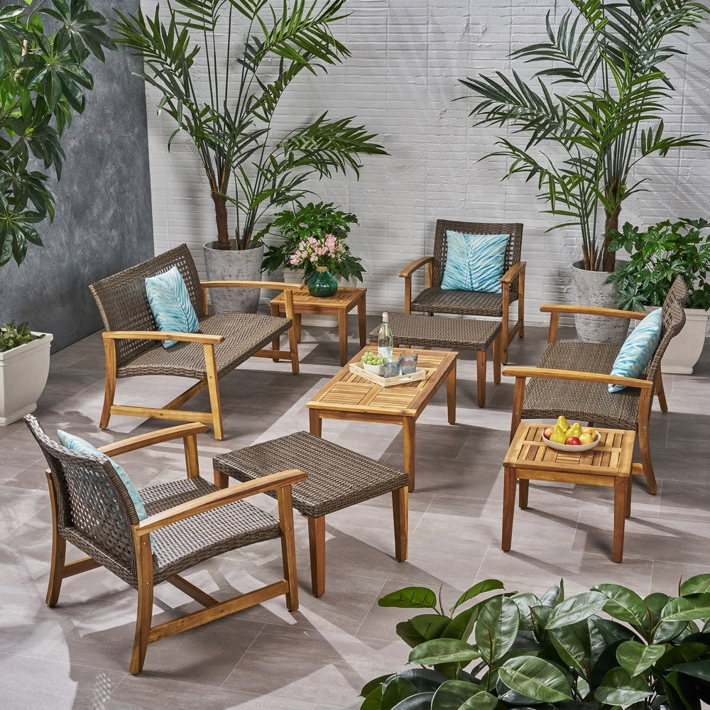 Ensemble de conversation Hampton Outdoor 9 pièces en bois et osier par Christopher Knight Home