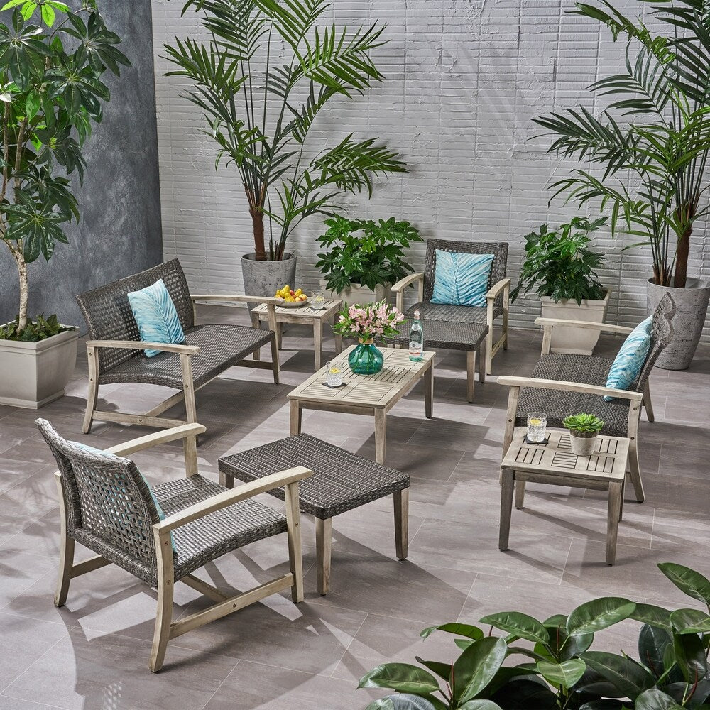 Ensemble de conversation Hampton Outdoor 9 pièces en bois et osier par Christopher Knight Home