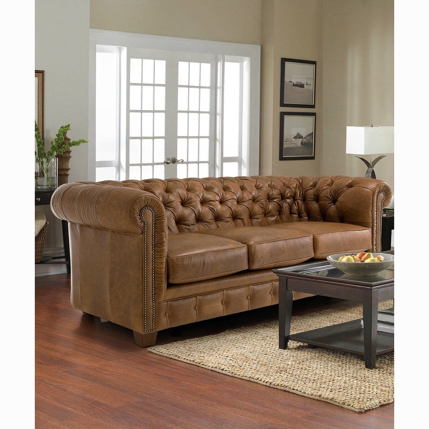 Canapé Chesterfield capitonné Hancock en cuir italien pleine fleur - 31 H x 86 L x 40 P
