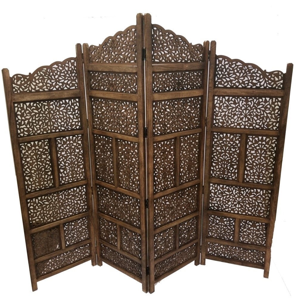 Paravent/séparateur de pièce pliable en bois sculpté à la main Benzara, 4 panneaux, marron