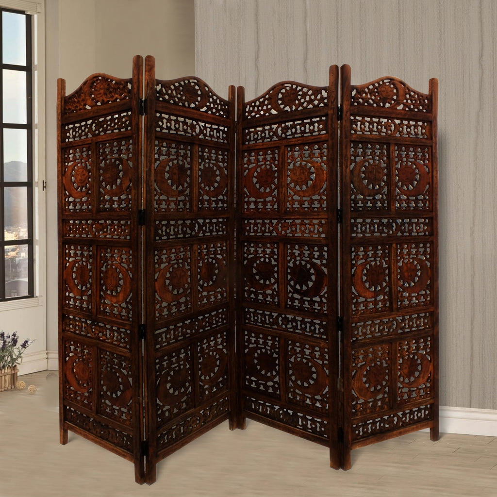 Paravent pliable en bois à 4 panneaux, motif soleil et lune sculpté à la main, marron