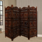 Paravent pliable en bois à 4 panneaux, motif soleil et lune sculpté à la main, marron
