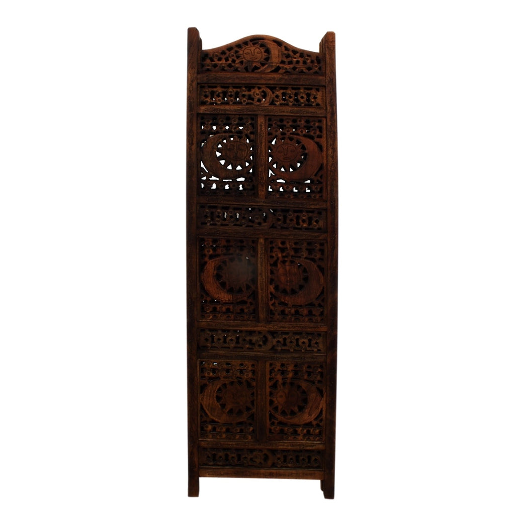 Paravent pliable en bois à 4 panneaux, motif soleil et lune sculpté à la main, marron