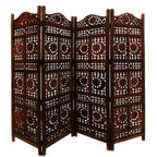 Paravent pliable en bois à 4 panneaux, motif soleil et lune sculpté à la main, marron
