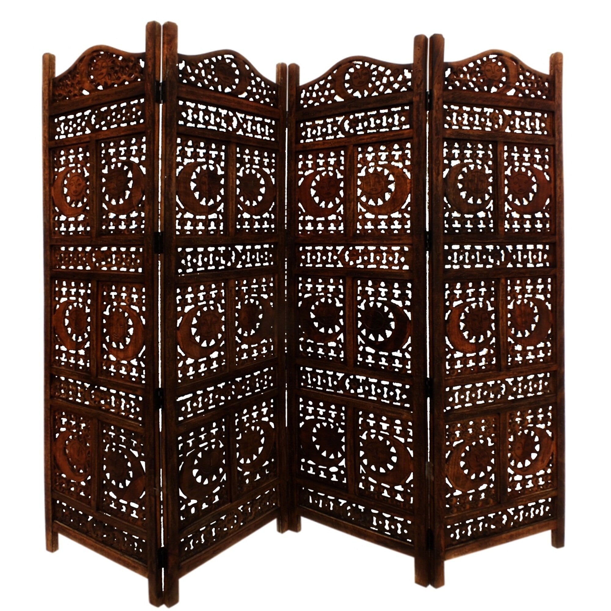 Paravent pliable en bois à 4 panneaux, motif soleil et lune sculpté à la main, marron
