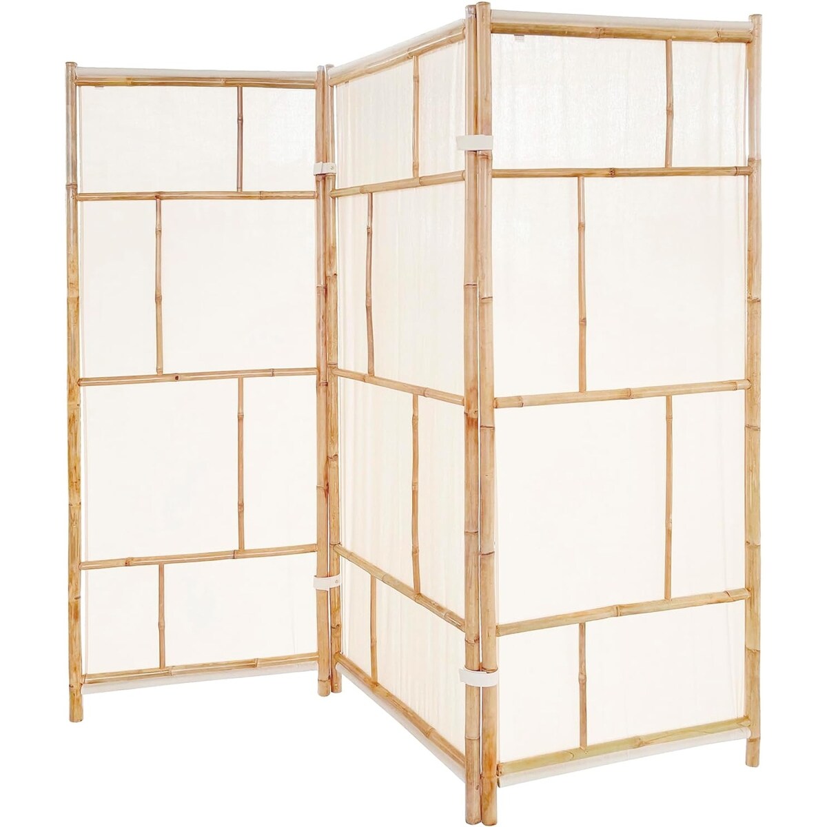 Paravent de séparation pliable en bambou à 3 panneaux, fabriqué à la main, tissu écru