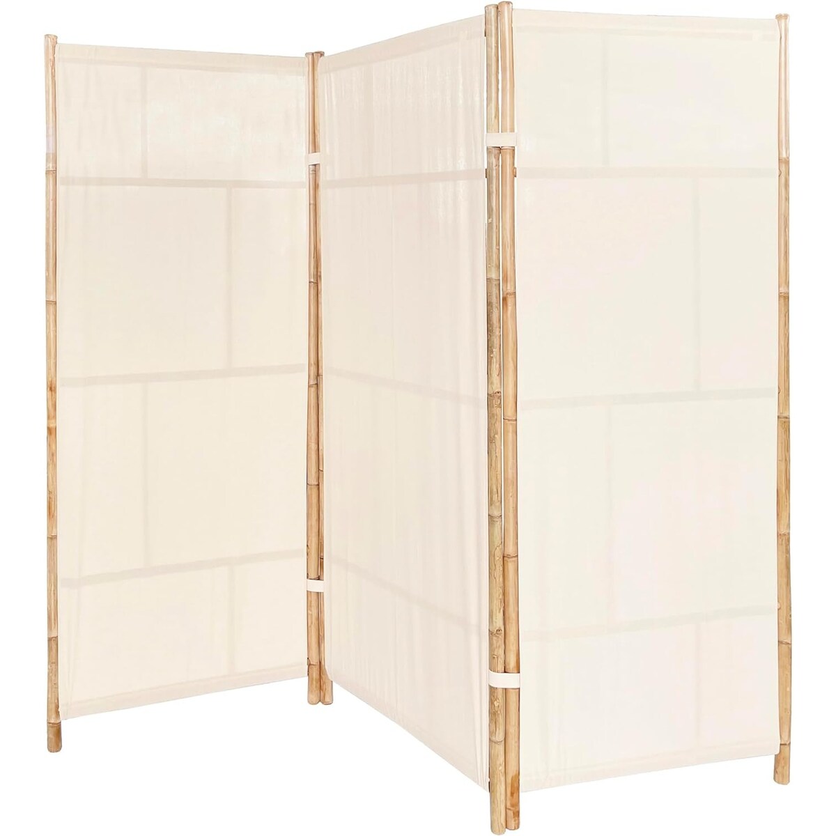 Paravent de séparation pliable en bambou à 3 panneaux, fabriqué à la main, tissu écru