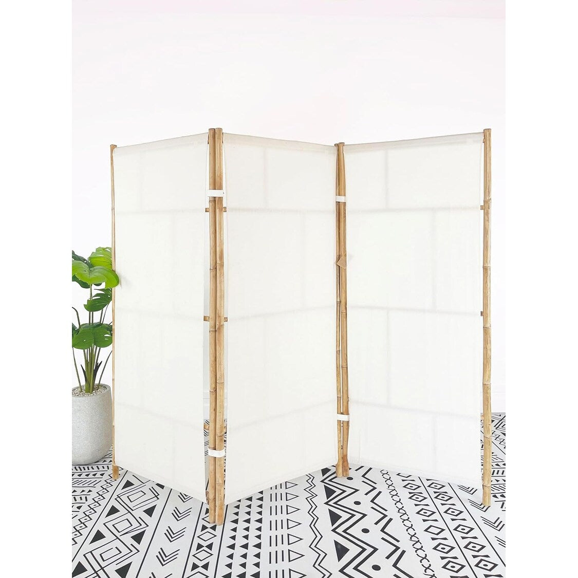 Paravent de séparation pliable en bambou à 3 panneaux, fabriqué à la main, tissu écru