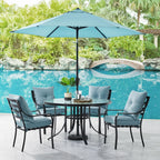 Ensemble de salle à manger Hanover Lavallette 5 pièces bleu océan avec 4 chaises fixes, une table ronde en verre de 132 cm, un parasol et un socle.