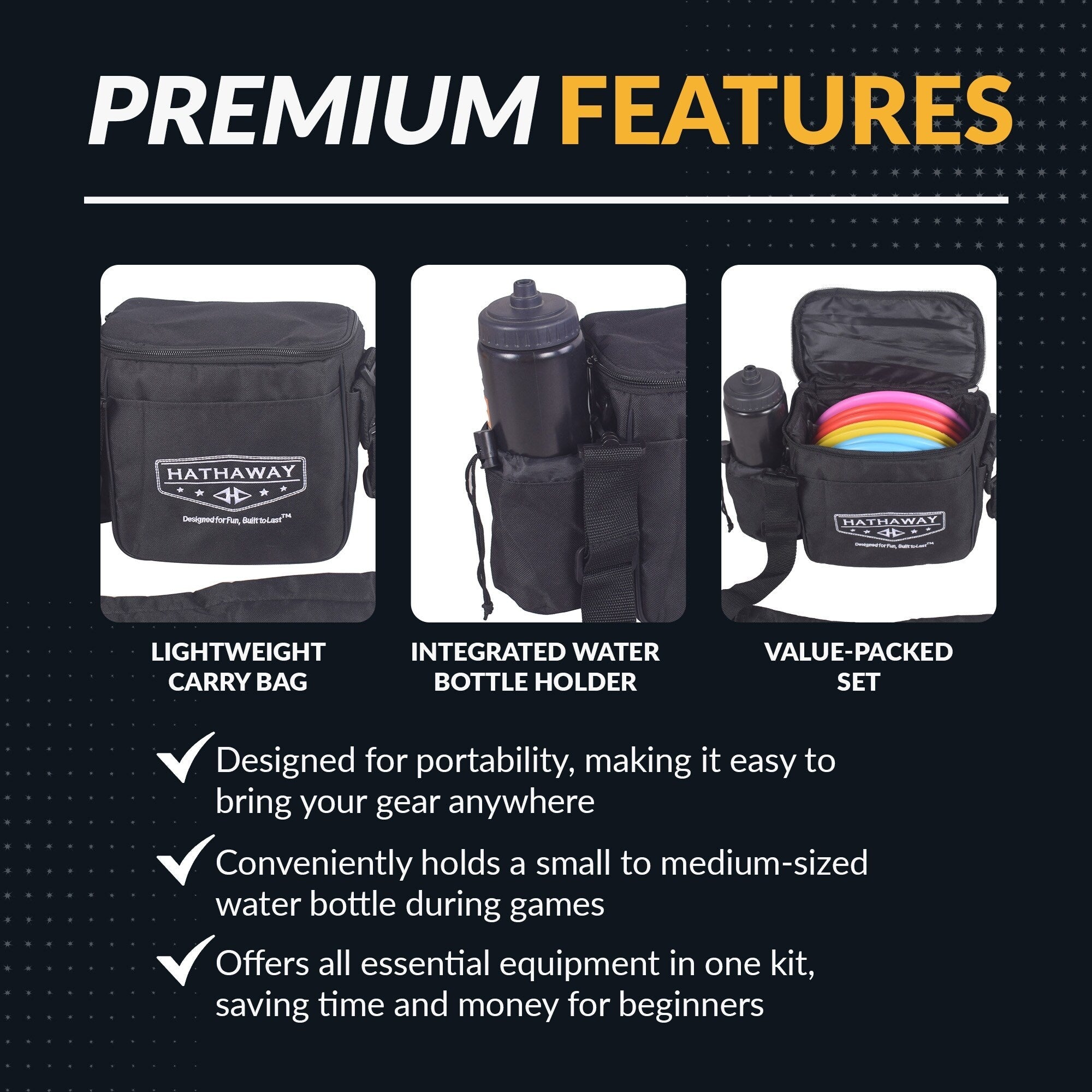 Coffret de démarrage pour disc golf Hathaway avec 6 disques et étui – 150-170 grammes, 8,25 pouces – Multicolore