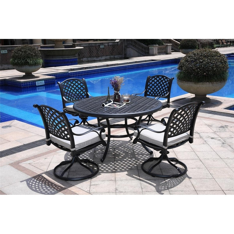 Ensemble de salle à manger rond en aluminium bronze vieilli South Ponto 5 pièces avec chaises pivotantes par Havenside Home