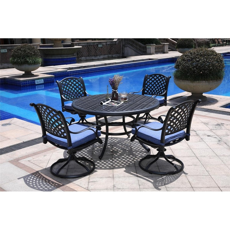 Ensemble de salle à manger rond en aluminium bronze vieilli South Ponto 5 pièces avec chaises pivotantes par Havenside Home