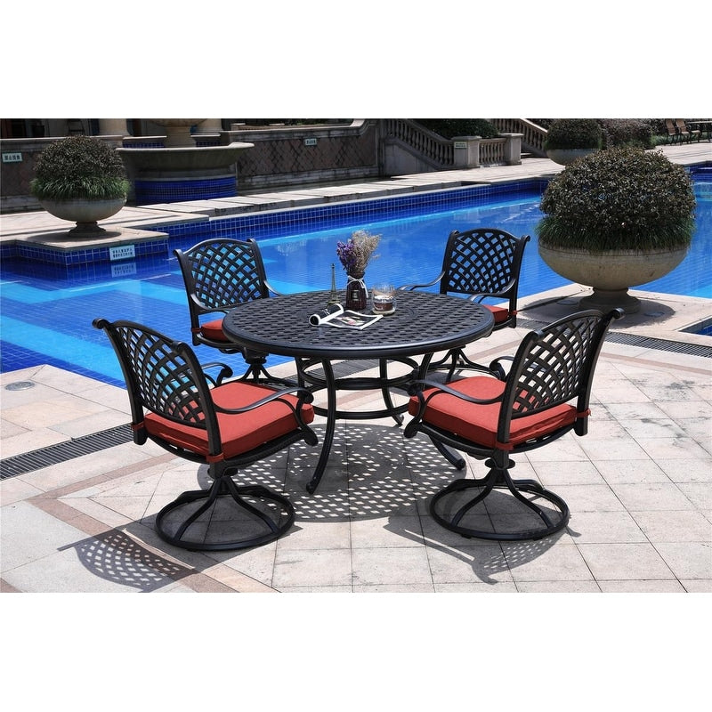 Ensemble de salle à manger rond en aluminium bronze vieilli South Ponto 5 pièces avec chaises pivotantes par Havenside Home