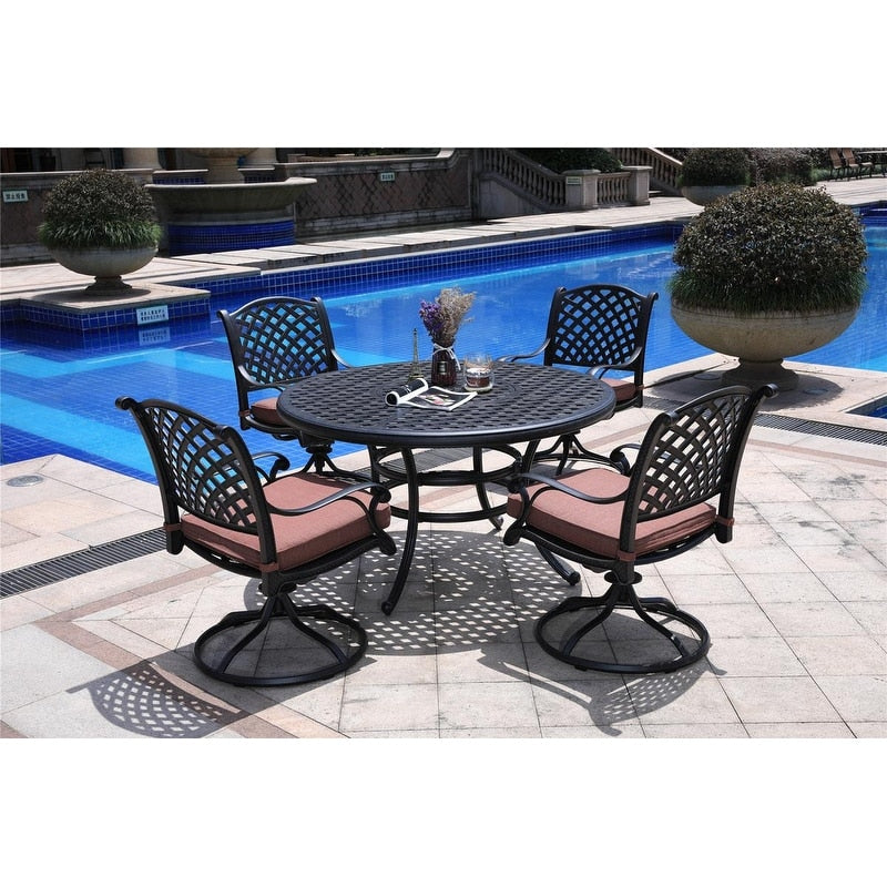 Ensemble de salle à manger rond en aluminium bronze vieilli South Ponto 5 pièces avec chaises pivotantes par Havenside Home