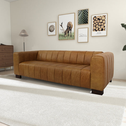 Canapé de salon large en cuir marron clair Hazel 93 de style milieu du siècle