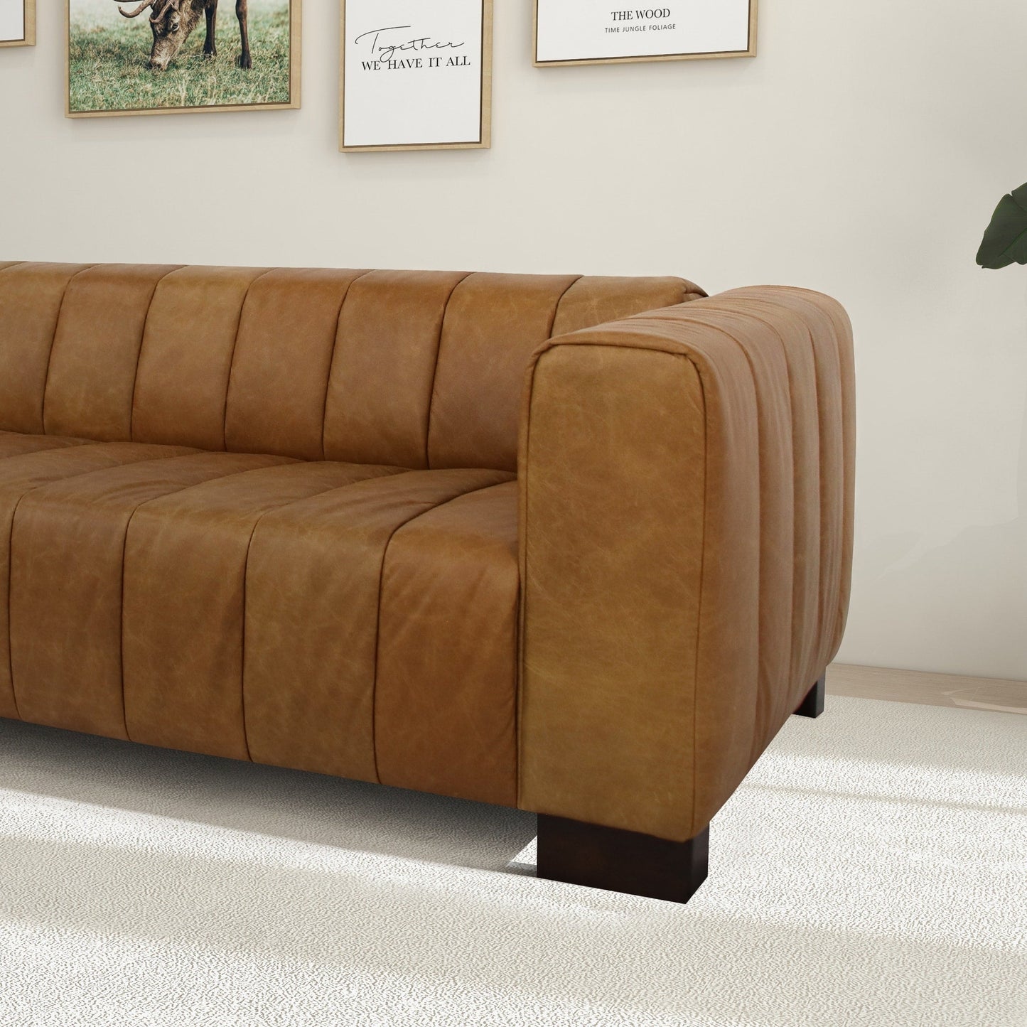 Canapé de salon large en cuir marron clair Hazel 93 de style milieu du siècle