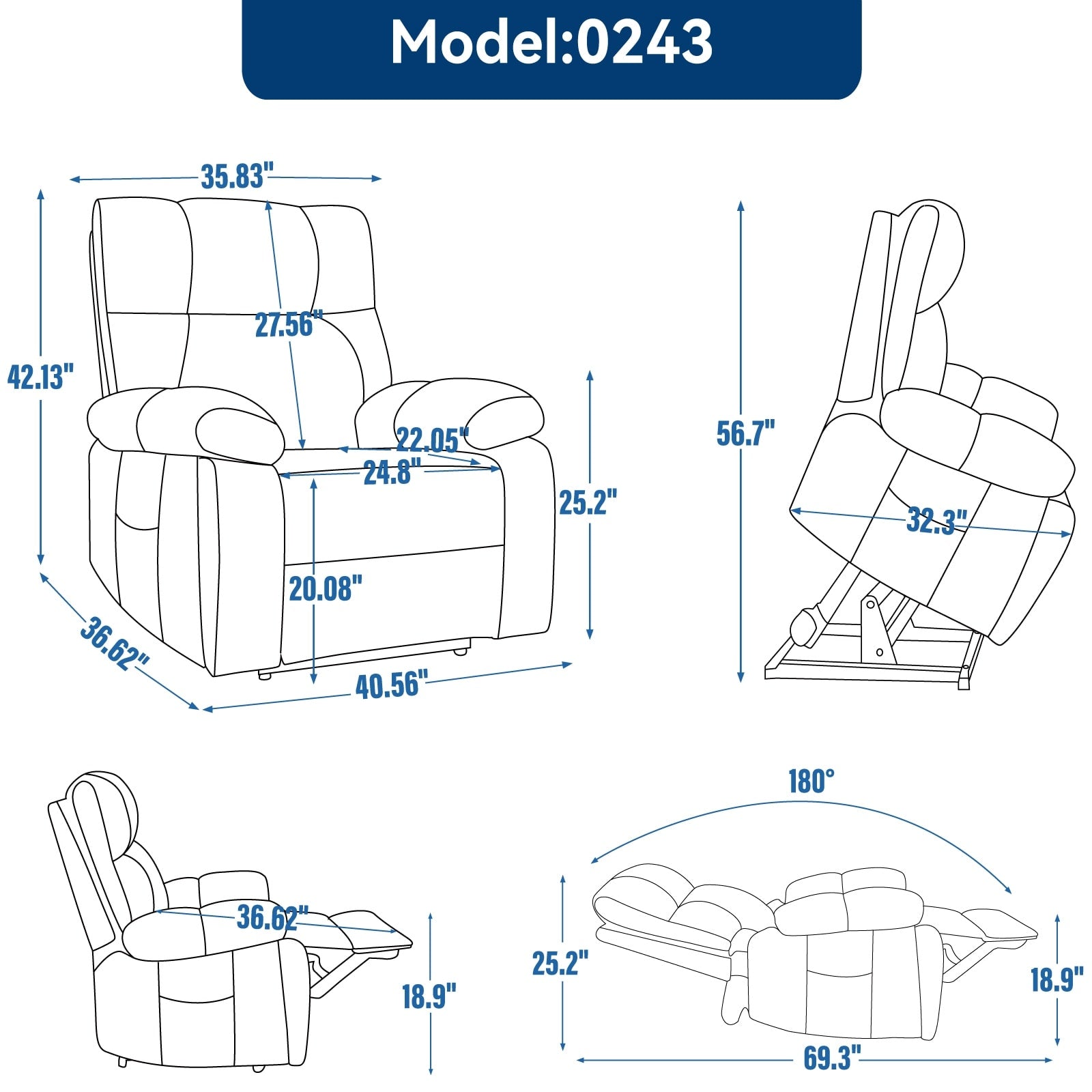 Fauteuils inclinables électriques à double moteur et massage thermique, position infinie, jusqu'à 350 lb, avec télécommande