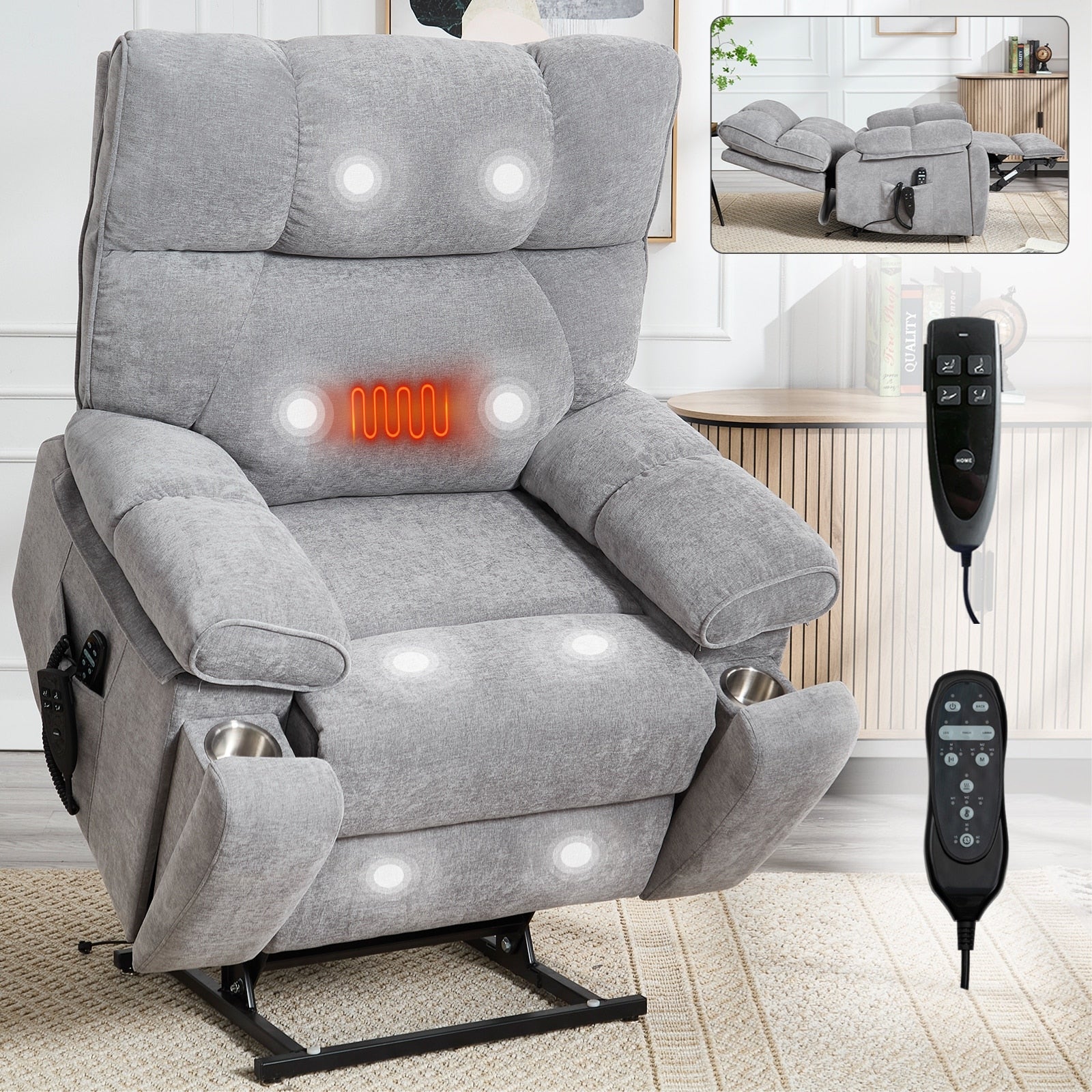 Fauteuils inclinables électriques à double moteur et massage thermique, position infinie, jusqu'à 350 lb, avec télécommande