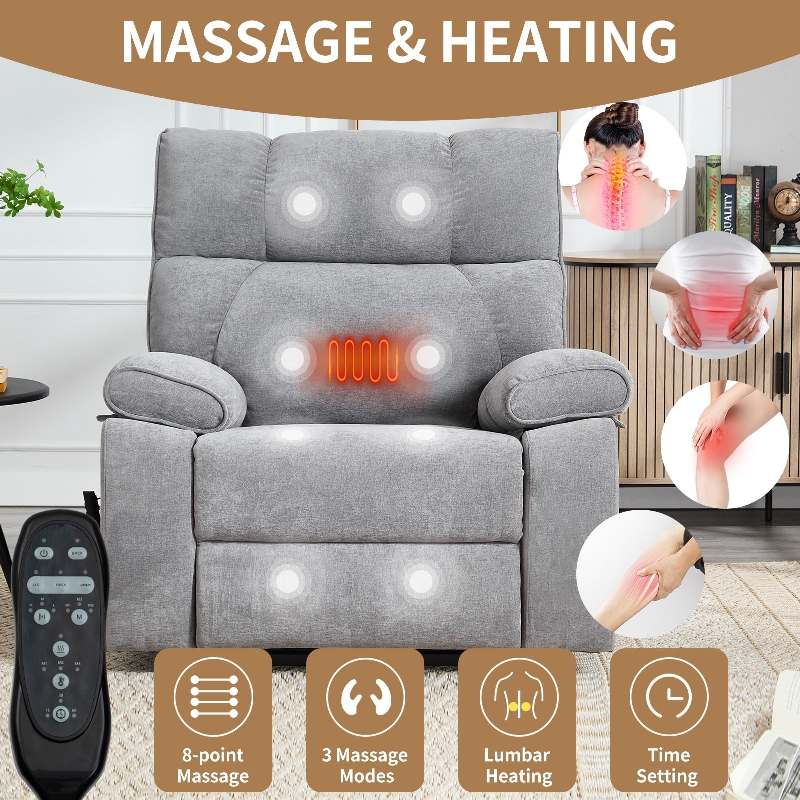 Fauteuils inclinables électriques à double moteur et massage thermique, position infinie, jusqu'à 350 lb, avec télécommande