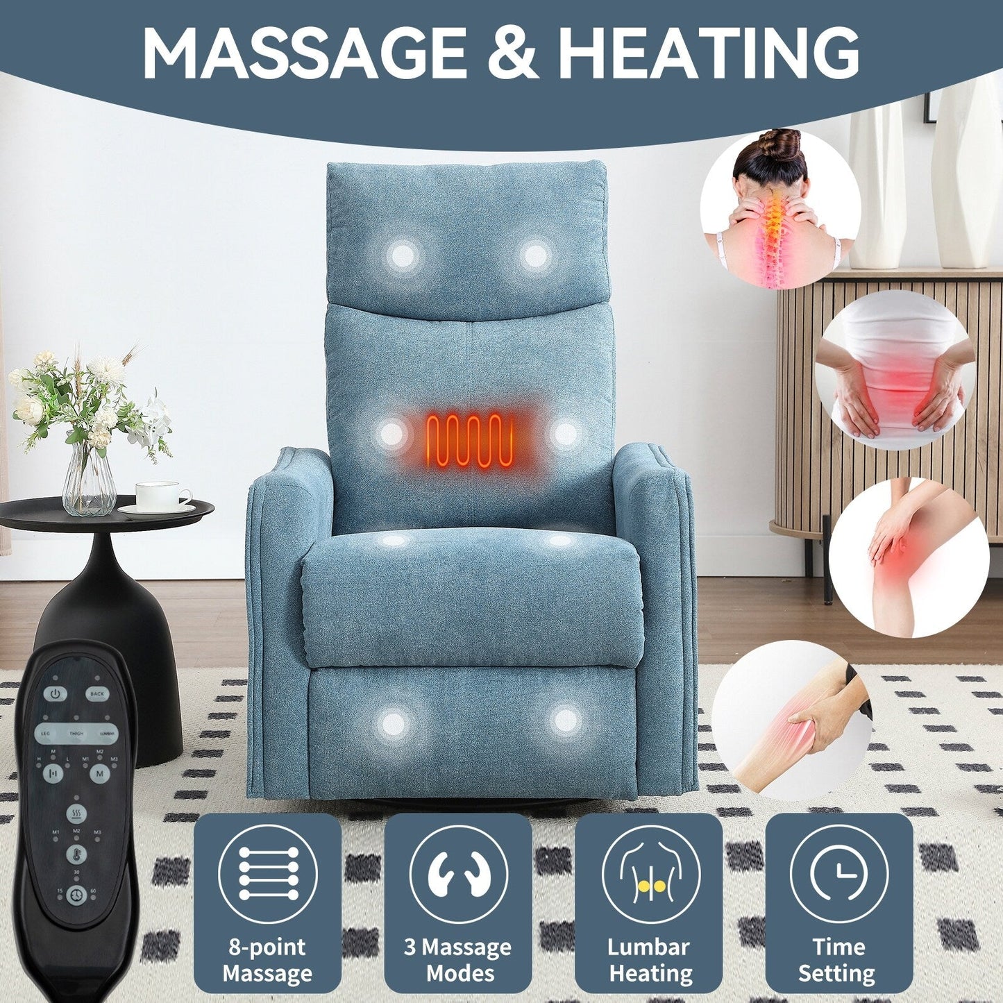 Fauteuil inclinable manuel à massage thermique, pivotant à 360°, avec bascule en tissu
