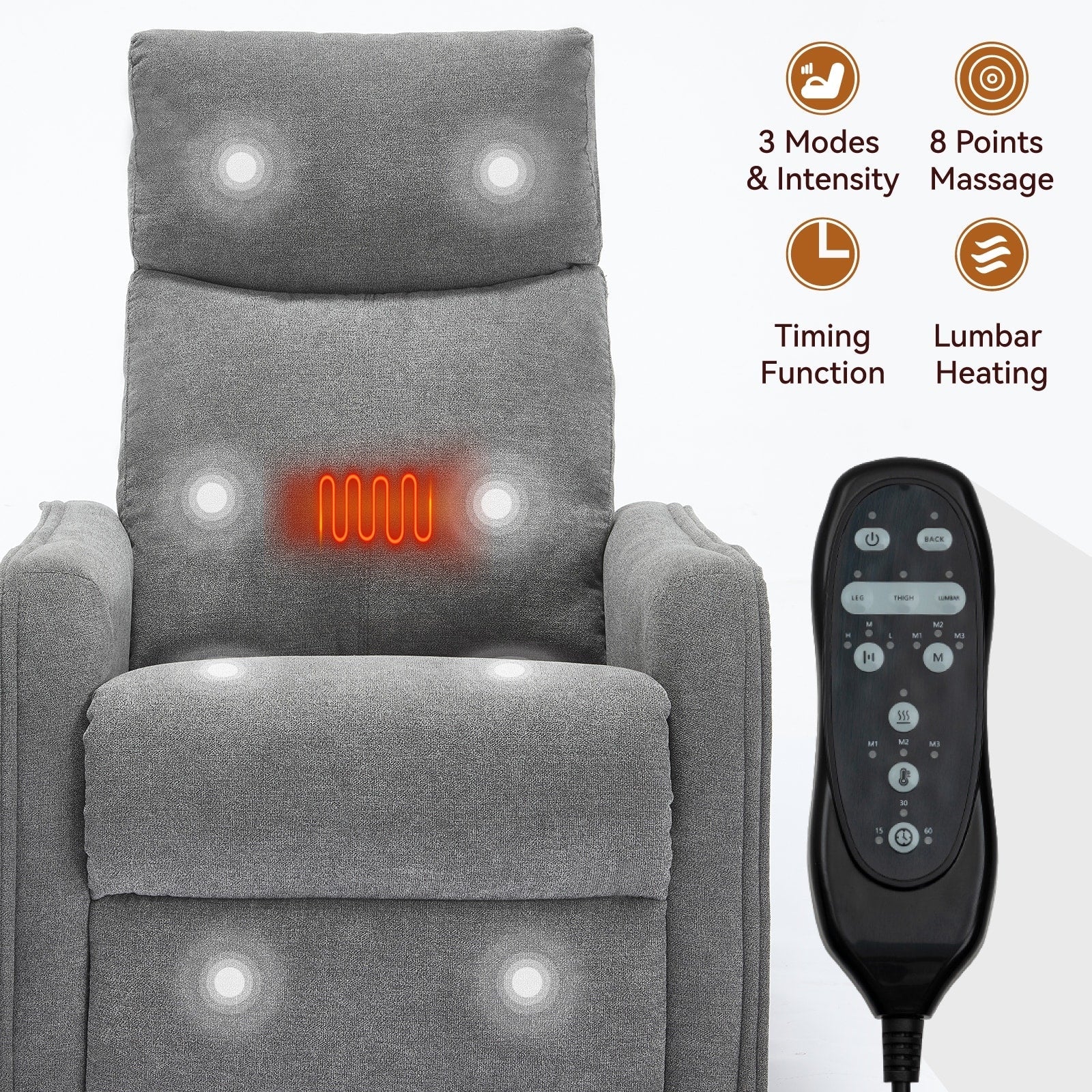 Fauteuil inclinable manuel à massage thermique, pivotant à 360°, avec bascule en tissu