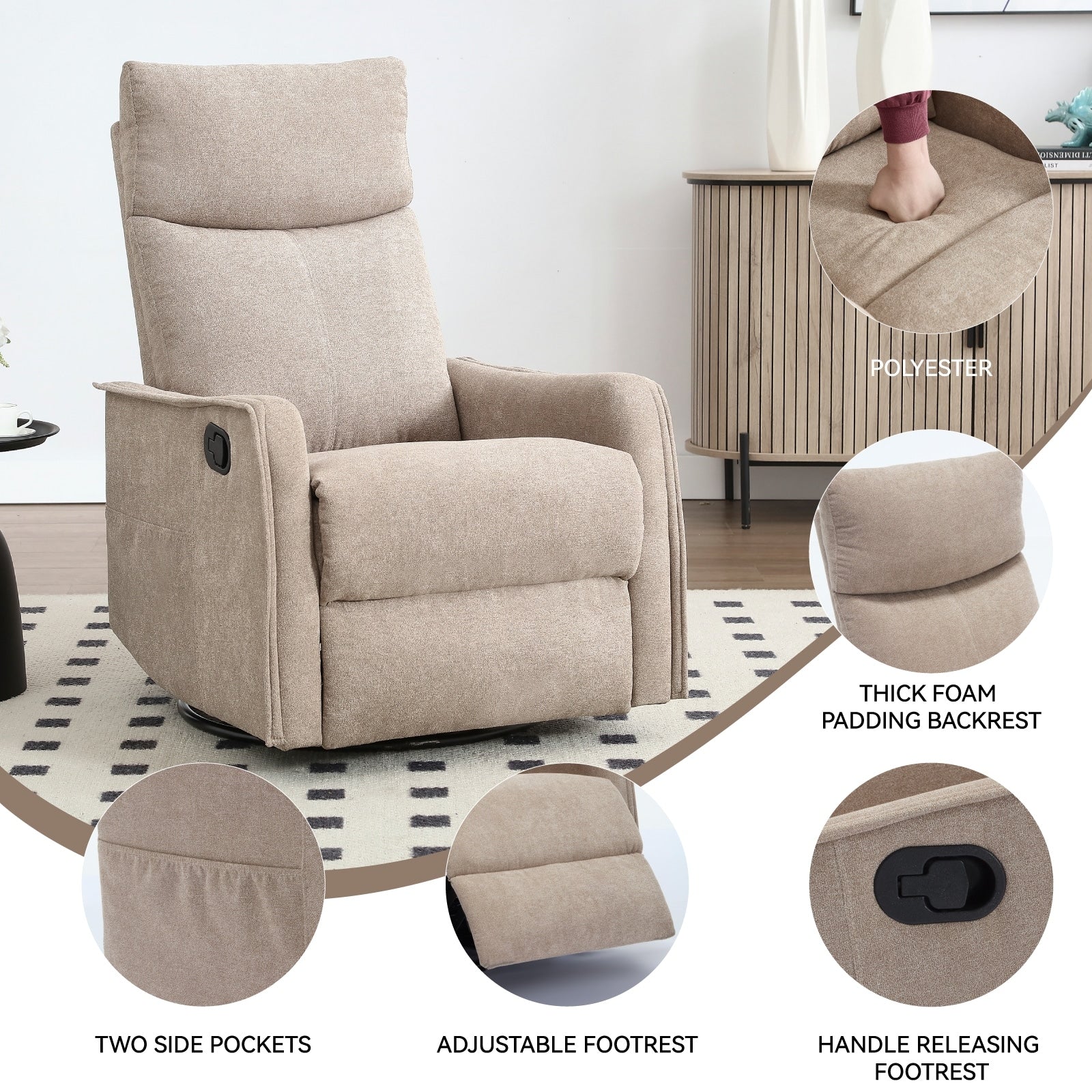 Fauteuil inclinable manuel à massage thermique, pivotant à 360°, avec bascule en tissu