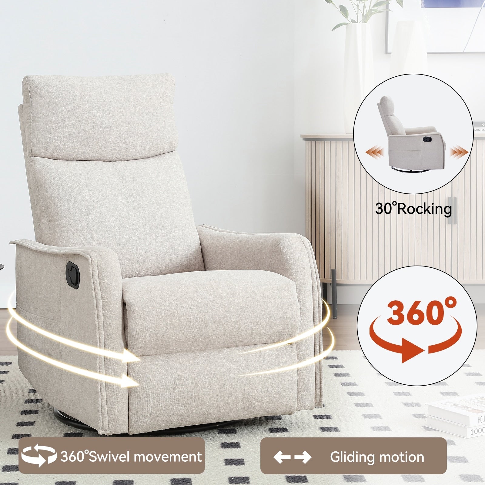 Fauteuil inclinable manuel à massage thermique, pivotant à 360°, avec bascule en tissu