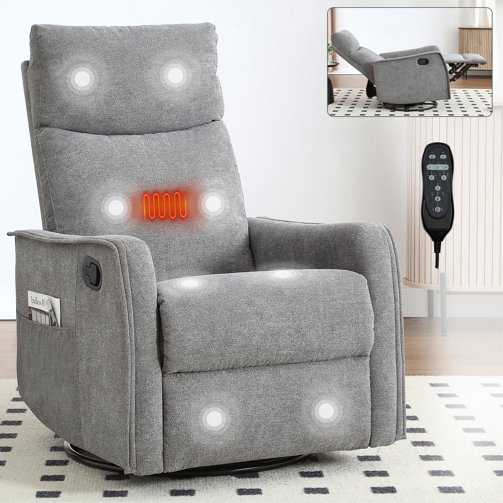 Fauteuil inclinable manuel à massage thermique, pivotant à 360°, avec bascule en tissu