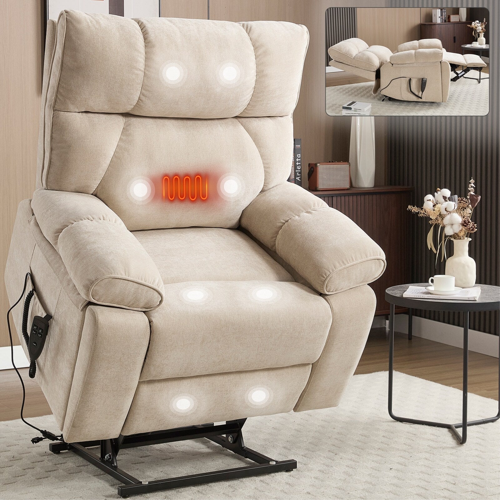 Fauteuil inclinable de massage chauffant à double moteur et à position infinie, robuste, avec porte-gobelets dissimulés et télécommande électrique