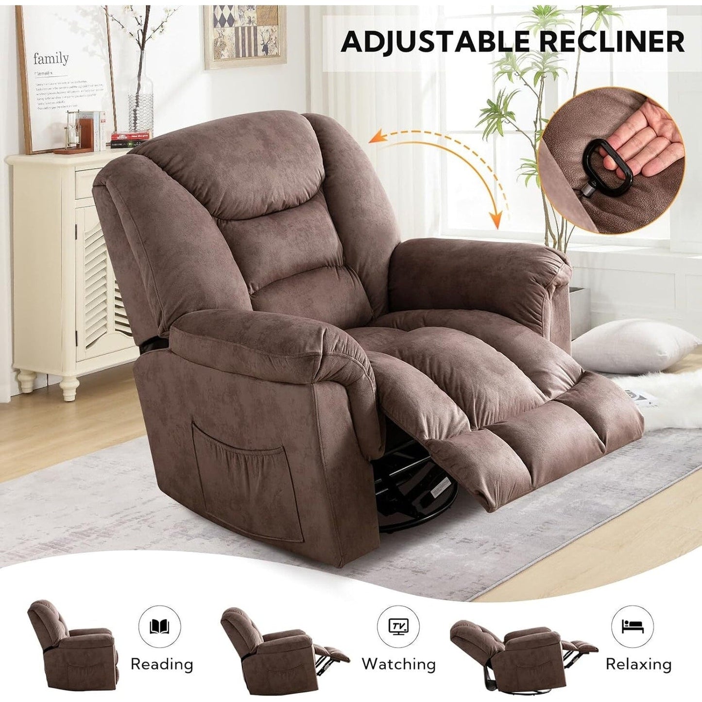 Fauteuil inclinable à bascule surdimensionné, pivotant à 360°, manuel, pour salon