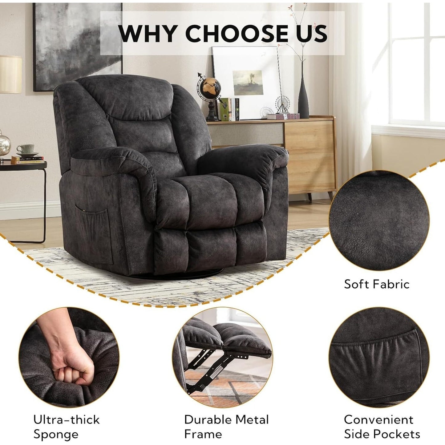 Fauteuil inclinable à bascule surdimensionné, pivotant à 360°, manuel, pour salon
