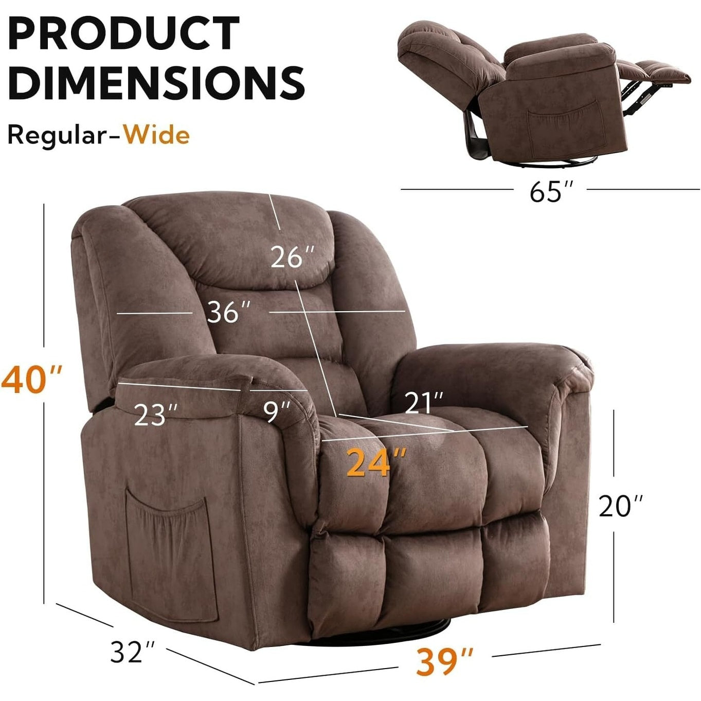 Fauteuil inclinable à bascule surdimensionné, pivotant à 360°, manuel, pour salon