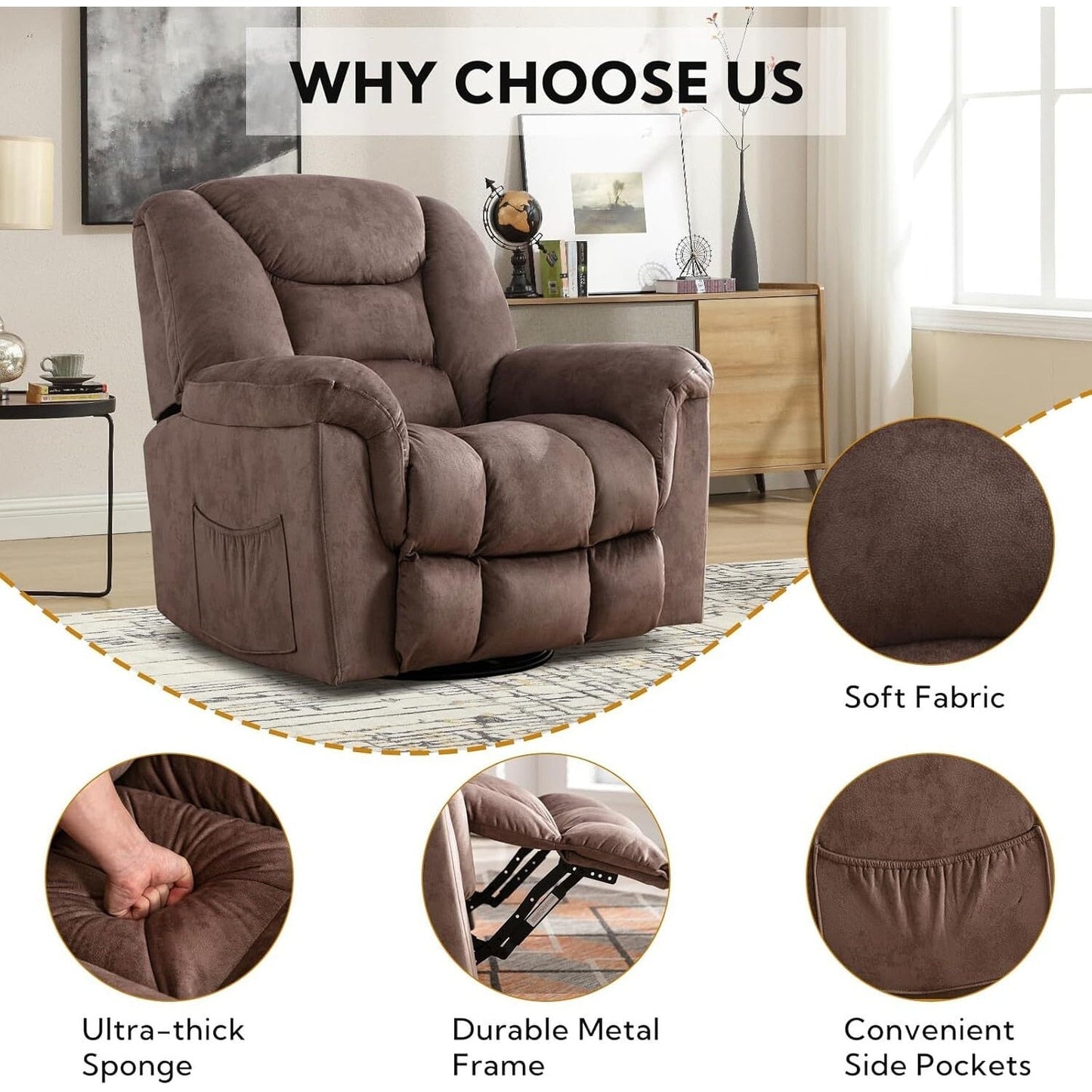 Fauteuil inclinable à bascule surdimensionné, pivotant à 360°, manuel, pour salon