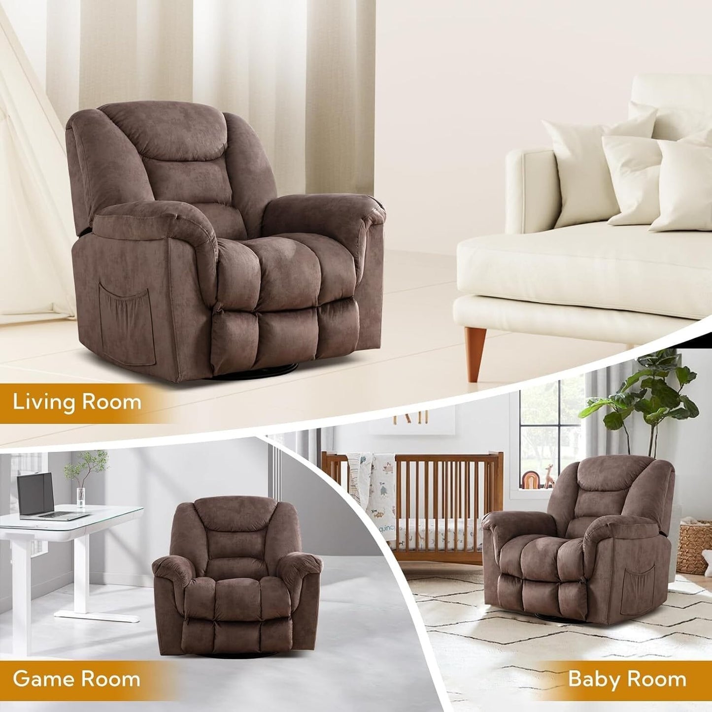 Fauteuil inclinable à bascule surdimensionné, pivotant à 360°, manuel, pour salon