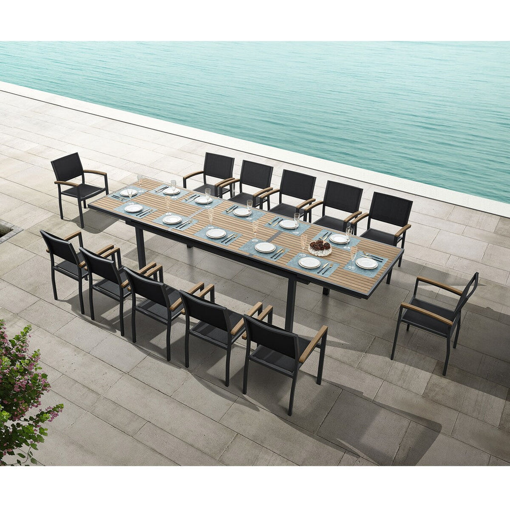 Ensemble de salle à manger d'extérieur Heck 13 pièces en teck FSC et aluminium pour 12 personnes, table extensible et chaises empilables, noir anthracite